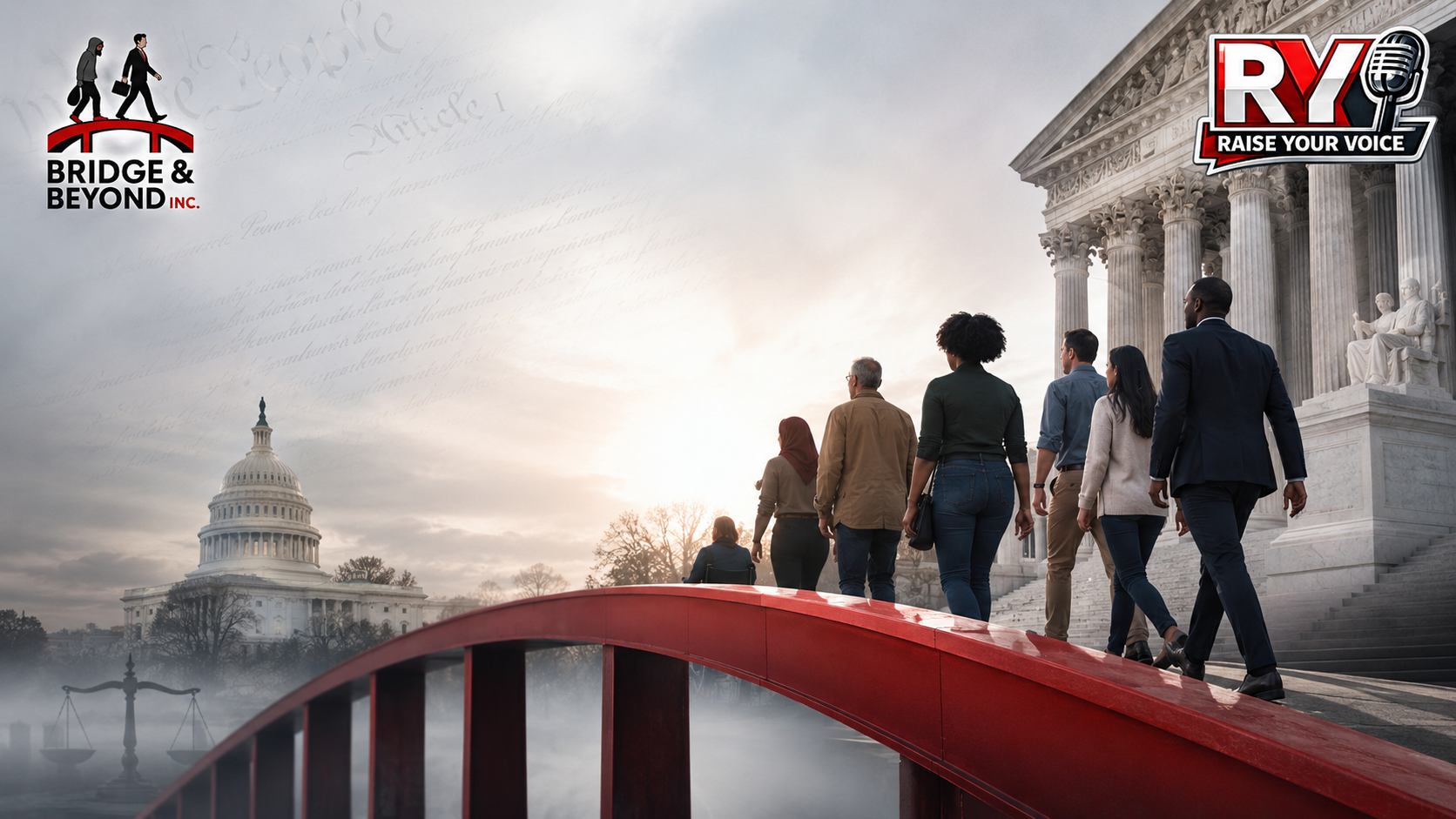 Diverse Americans crossing a red bridge toward a courthouse with the U.S. Capitol, justice imagery, and Raise Your Voice and Bridge & Beyond Inc. branding.