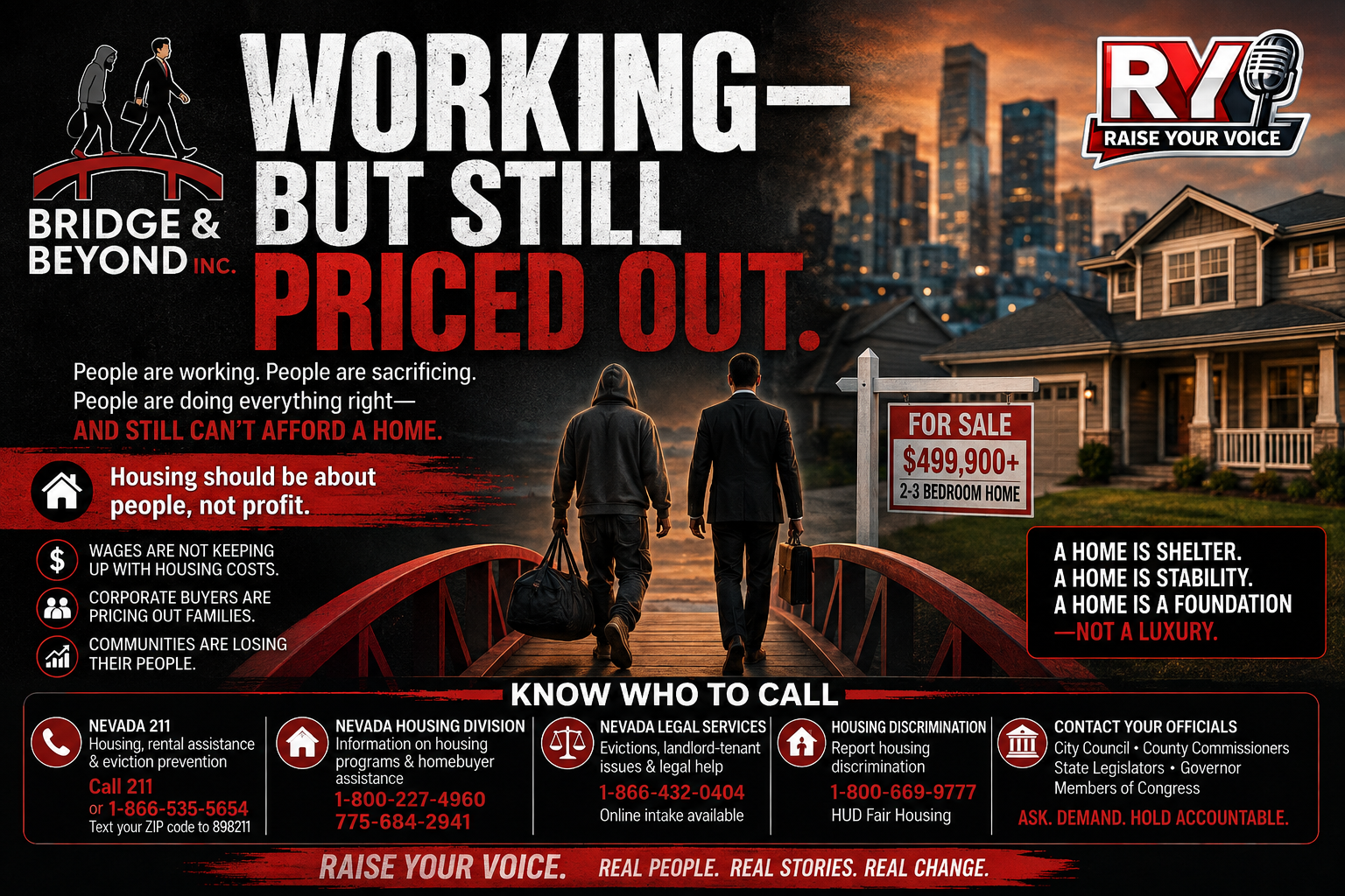 Housing crisis graphic reading Working—but still priced out, with Nevada housing assistance and legal-help contacts.